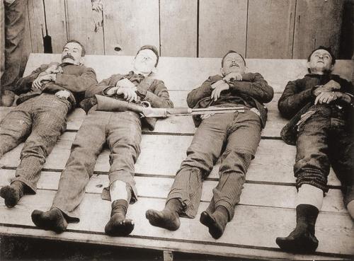 The members of the Dalton Gang; Bill Powers, Bob Dalton, Grat Dalton, and Dick Broadwell.  They were