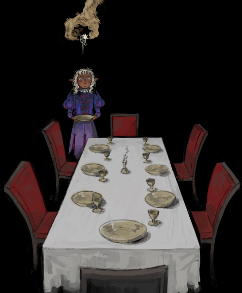 ID: A painterly drawing of Thistle from Dungeon Meshi on a stark black background, with a stunned and scared expression. He is looking at and standing behind a dining table, which is set with red-cushioned chairs, gold plates and cups except for a plate missing at the end of the table that Thistle is holding in both hands. There is a burnt out candle in the middle of the table. Above Thistle's head is the Winged Lion's hand, holding a physical manifestation of Thistle's desire, which is black and pearl-like. The desire is drawn in a way that makes it look like it's being pulled out of Thistle.