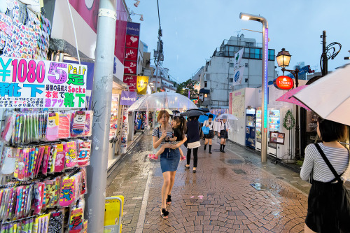 tokyo-fashion: Rainy night tonight on Takeshita Dori in Harajuku. The weather report for the next we