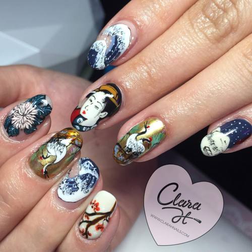 Ukiyo-e inspired detailed nail art all painstakingly handpainted one by one. Details collage post if