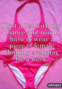 iwear-female-clothes:  I lost a bet with my fiance and now I have to wear a piece of female clothing everyday for a week.