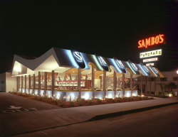 midcenturymodernfreak:  Googie Architecture | SAMBO’S Restaurant Chain These photos look like they were taken just yesterday. Well, not really. They’re actually 40-50 years old (Kodak Vericolor Type L film with a 4 x 5 view camera and 90 mm wide