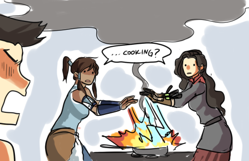 omako:  I’m so sorry for the horrible quality that is this comic. But I was so lazy. So very very lazy :( ANYWAYS, I was gonna draw a korrasami cooking pic but it occurred to me that Asami probably has no idea how to cook either. So this happened.