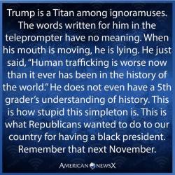 rcmmacgregor:He obviously doesn’t consider or admit that the slave market that brought people from Africa to these shores was also HUMAN TRAFFICKING!!! He’s such an idiot. I think by the word “worse” he means it is more difficult for him(Trump)