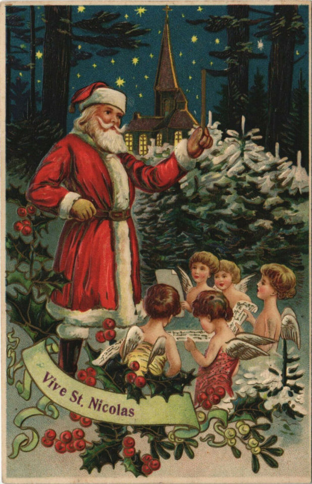 Santa Claus in Red Silk Suit With Angel Helpers Antique Christmas Postcard