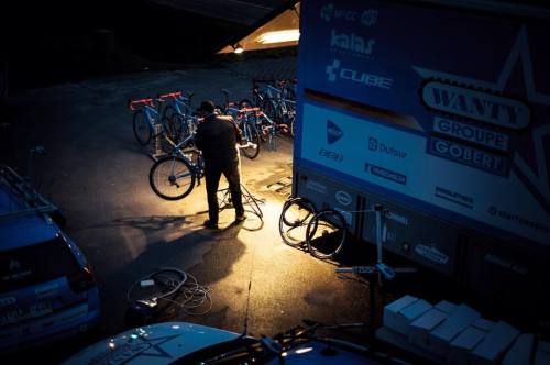 jackchev: @teamwantygobert mechanic works late into the night ahead of Omloop Het Nieuwsblad. This p