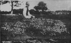 sixpenceee:  The Dighton Rock is a 40-ton boulder, originally located in the riverbed of the Taunton River at Berkley, Massachusetts. The rock is noted for its petroglyphs. There is controversy about it’s carved designs of ancient and uncertain origin.