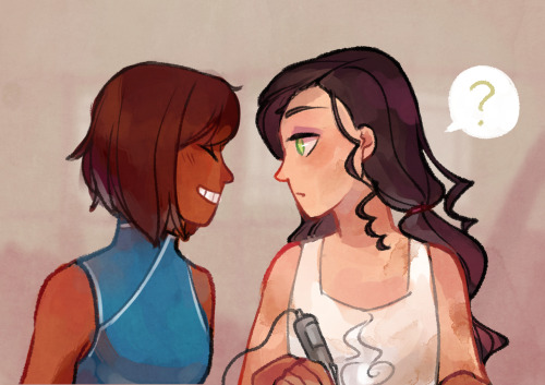 walkingnorth-art:  Headcanon: Asami’s been pining over Korra for so long that it takes her a while to stop freaking out every time Korra casually displays her affection. Korra thinks this is hilarious. 