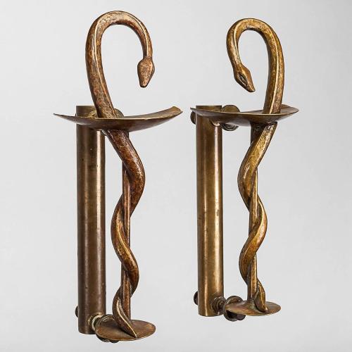 Early 20th Century Bronze Snake French Pharmacy Door HandlesPair of early 20th Century bronze snake 