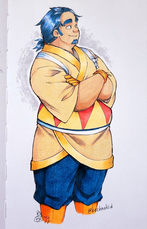 A gijinka, or humanized, King Dedede from the Kirby franchise, but he is not wearing his signature crown and robes.