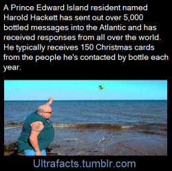 ultrafacts:Every message asks the finder to send a response back and he has since received over 3,100 responses from people all over the world &amp; typically receives about 150 Christmas cards each year.(Fact Source) Follow Ultrafacts for more facts