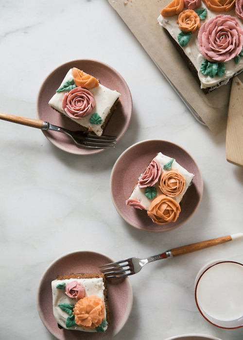 sweetoothgirl:CARROT SHEET CAKE WITH BUTTERCREAM FLOWERS AND BROWN BUTTER CREAM CHEESE FROSTING