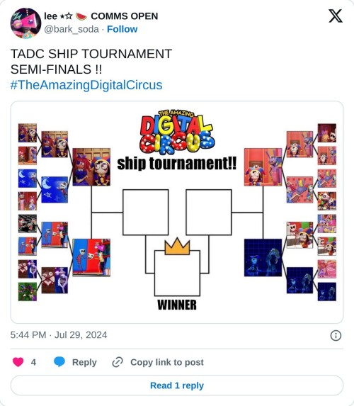 TADC SHIP TOURNAMENT
SEMI-FINALS !!#TheAmazingDigitalCircus pic.twitter.com/2obert2Q6A
— lee ⭑☆ 🍉 COMMS OPEN (@bark_soda) July 29, 2024