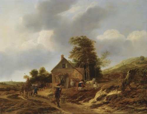 A Dune Landscape with a Peasant Woman Milking Sheep outside a Farmhouse, St. Bavo’s Church in 
