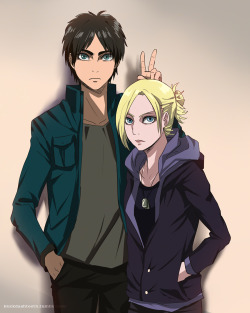 elvendashears:buckdashteeth:  Eren ♥ Annie couple photoshoot of sort.. Eren..you guys had such serious face but what the heck men..Art by: buckdashteeth  EREN! put that hand away!! this is serious couple pic! &gt;(  