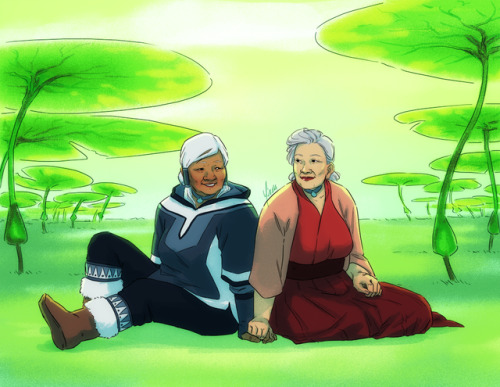 Elderly Korrasami in the Spirit World for @the-fragile-knight! I had a lot of fun with this. =3