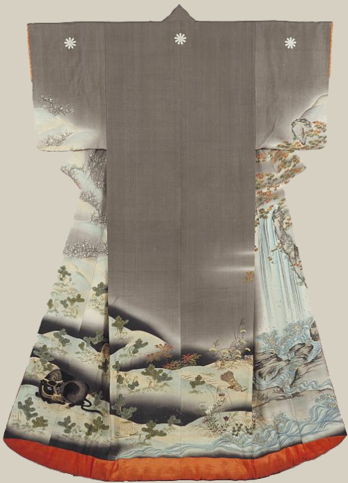 19th century silk wedding kimono (uchikake), featuring yuzen painting and embroidery highlights.  Ma