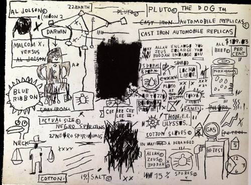 artist-basquiat:  Replicas, 1983, Jean-Michel BasquiatSize: 76.5x57 cmMedium: acrylic, charcoal, crayon, pastel, pencil