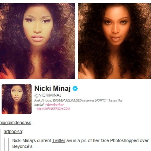 questionabletendencies:  questionabletendencies:  In memoriam: that time Nicki Minaj’s twitter avi was her face photoshopped onto a picture of Beyoncé  fave moment of 2012 tbh