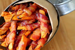 boozybakerr:  Bacon Wrapped Sweet Potato Fries 