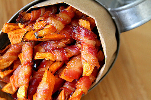 boozybakerr:  Bacon Wrapped Sweet Potato Fries 