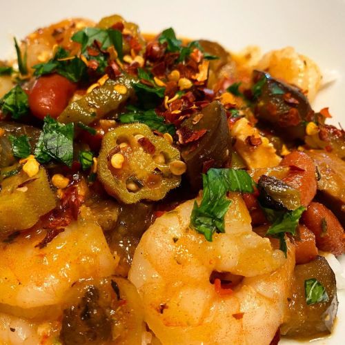 I do so love a #gumbo. #Shrimp, smoked #kielbasa, #okra, roasted #eggplant, charred #ShishitoPeppers