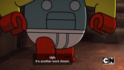 One of the construction workers from The Amazing World of Gumball has the stereotypival bad dream of being caught in his underwear.