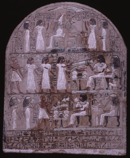 ancientpeoples:Limestone stela of Sobekhotep, Egypt, 18th Dynasty Upper register depicts deceased an