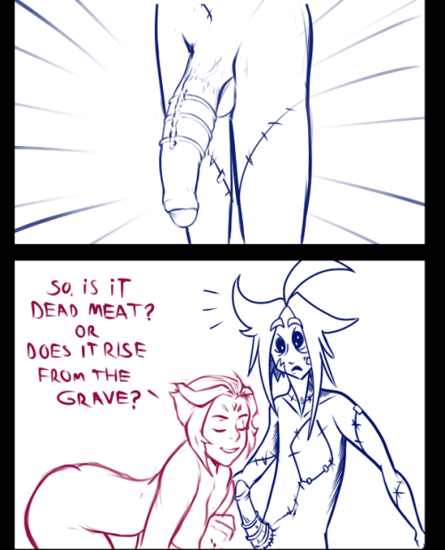 xizrax: a little comic colab i did with my wife of our two ocs. give her props, the zombie dick was her idea  <3 <3 <3 
