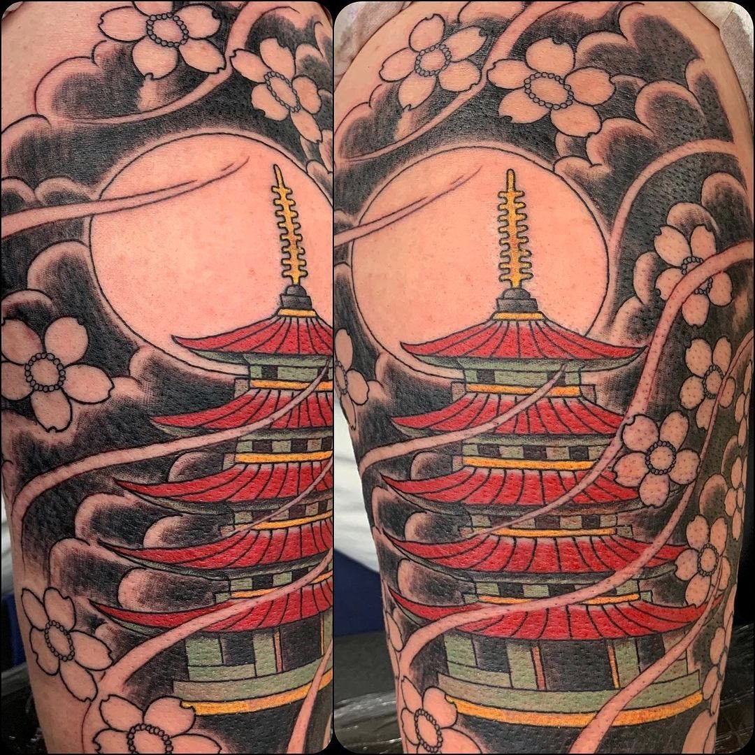 Pagoda /temple leg sleeve By @jacksontattooart 👈🏼💦 | Sleeve tattoos,  Full sleeve tattoos, Japanese tattoo designs
