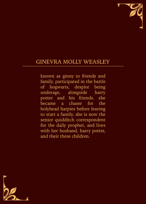 boyoflightning:chocolate frog cards: ginevra molly weasley 