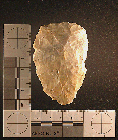 Middle Paleolithic “bout-coupé” hand-axe, found on field surfacein Hampshire (England).  The flat ba