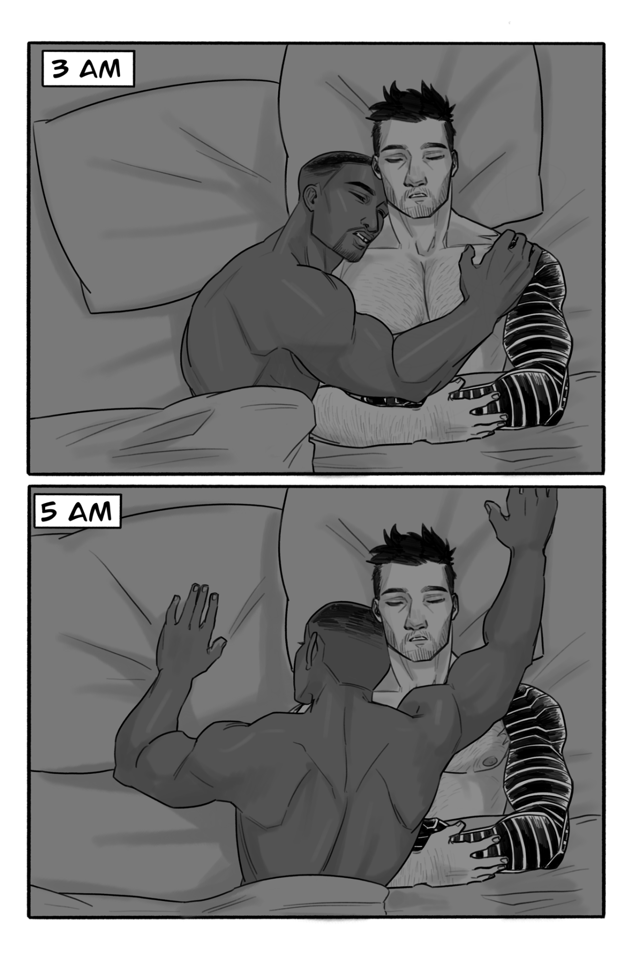 vic-draws-sometimes:Sleeping habits Sam is obviously an early bird “there’s no such thing as early, you’re either on time or late” Bucky was always woken up by Steve, the military, hydra, nightmares, kids playing… the dude sleeps as much