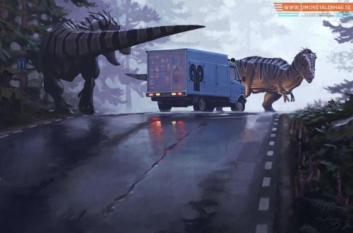 jurassiraptor:  Dinosaur art by Simon Stalenhag [ website | tumblr ] I love the prehistoric juxtaposed with technology — a real Jurassic Park vibe — combined with the chilly mood of winter. 