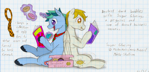 shootingstarsafterdark:Another new OC for RP use. Another RP OC with Mech-Station. ‘Cuz thats how we roll, yo. Good Fortune, a privileged, rich unicorn who just loves to hang out with his semi-middle class buddy Sugar Glacing and his donut baking family.