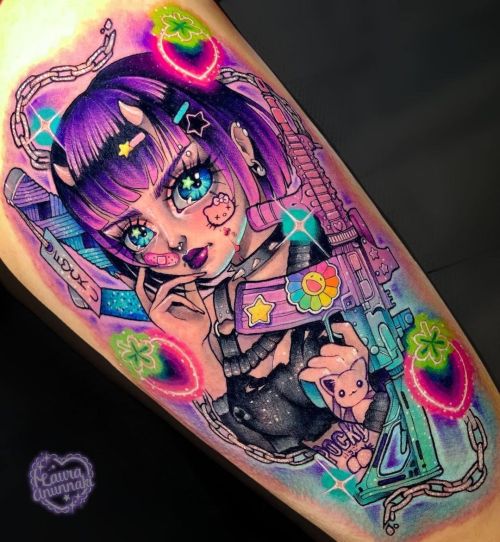 Tattoo tagged with: cute, guns, neon, neotrad, woman | inked-app.com