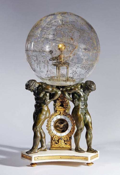 hadrian6:Pendulum Skeleton with Heliocentric Planetary Supported by Three Atlas. circa 1830. etched 