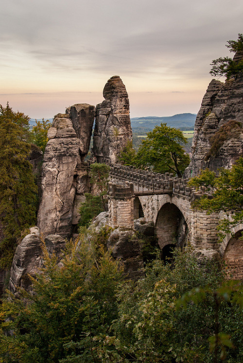 The Bastei Bridge in Saxon Switzerland National Park, Germany