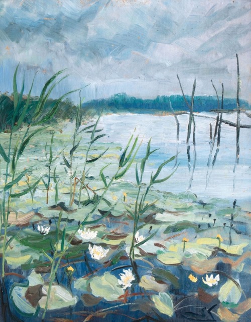Reeds and water lilies on the shore  -  Siegward Sprotte German, 1913-2004oil on artist board , 50 x