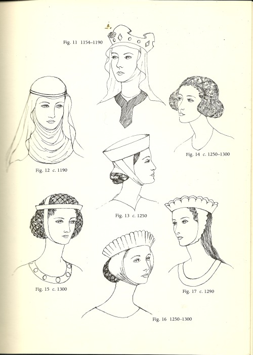 mediumaevum:    I hope this will help with your reenactments and fanart. :) Anglo-Saxon (600 – 1154): Simple Veils, Head-tires, Combs, and Pin Norman (1066-1154): Couvre-chef, hair uncovered, and extreme length Plantagenet (1154-1399): Wimple, Barbette,