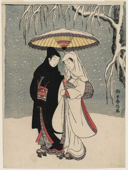 lilacsinthedooryard:Suzuki HarunobuLovers Under an Umbrella in the Snow,1766