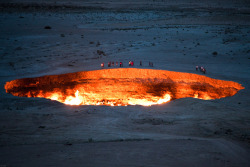 pleoros:  Ryan G - &ldquo;Door to Hell&rdquo; This huge burning crater is found in the middle of the Karakum Desert of Turkmenistan. Reports vary as to when and how this crater was created, but most say that it happened in the early 1970’s when a