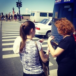 on the #street #girls #talk  #streetphotography #city #walk #hearts #tshirt #road #reds  June 14, 2012  #summer #heat #hot #travel #SaintPetersburg #StPetersburg #Petersburg #Russia #СанктПетербург #Петербург #Питер #Россия