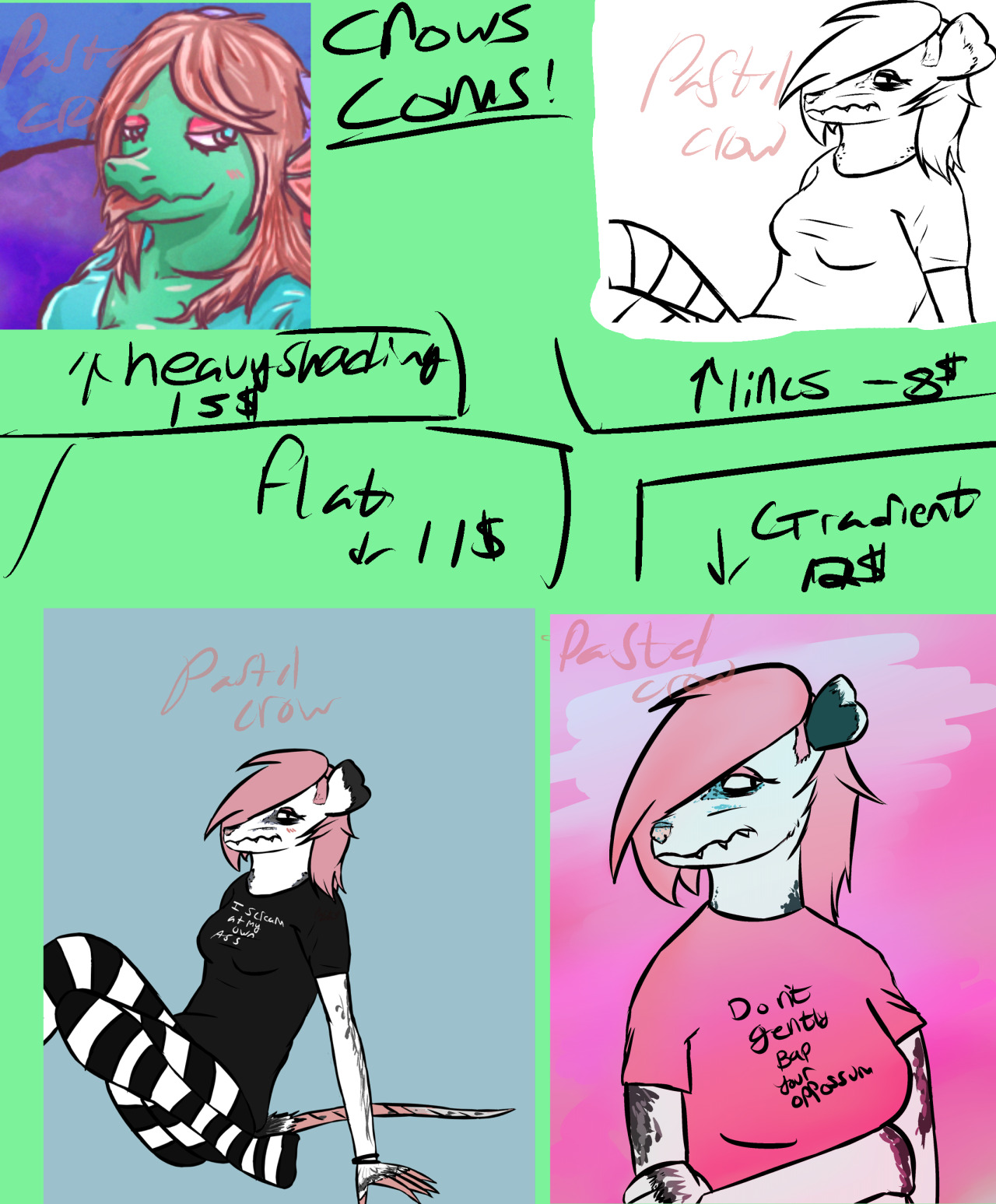 pastel-crow:  COMMISSION SHEETkind of a mess butsketch - 8$Flat - 11$Gradient over