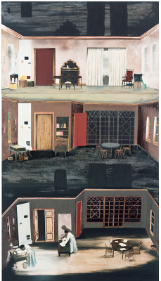 redlipstickresurrected:Karin Mamma Andersson aka Mamma Andersson (Swedish, b. 1962 Luleå, Sweden) - Dollhouse, 2008  Paintings: Oil on Panel (In three parts) 