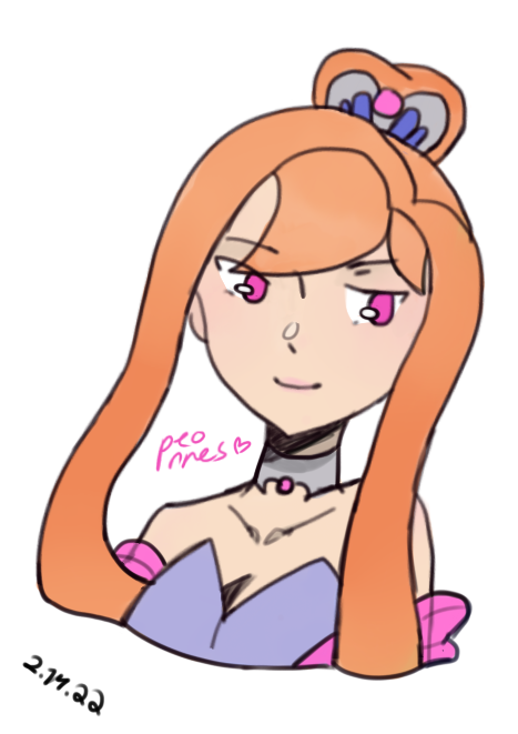 A digital portrait of Aphrodite, who smiles looking a bit away from the viewer. She wears a low-necked periwinkle dress, a pink shawl to match her pink eyes, and a silver comb and choker. She is depicted with fair skin with heavy blush and long ginger hair in a bun.