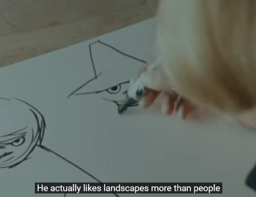 vimbry:[x][a series of images from an interview with Tove Jansson, who sketches the character Snufki