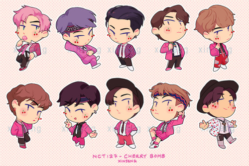 NCT127 Cherry Bomb stickers that I’m gonna be giving out at the Toronto concert on Friday!!  Idk how