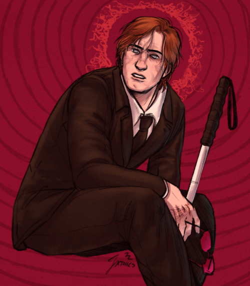 jxthics:pay attention to your surroundings[id: a drawing of comics version matt murdock in a suit and tie, sitting hunched over with a look of unfocused concentration. his cane and glasses are in his hand, propped on one knee. his radar sense radiates