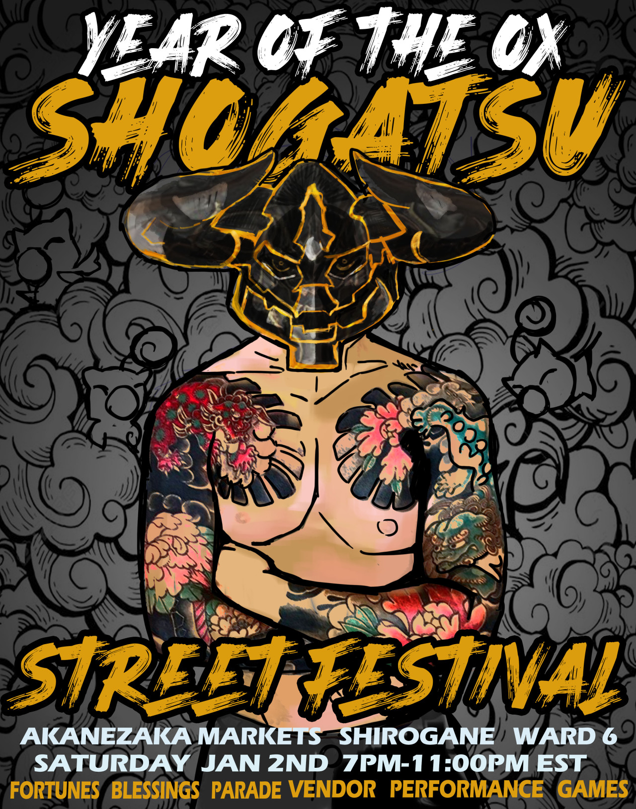 [Balmung] Shirogane Shogatsu Street Festival
Saturday, Jan 2nd - 7-11:00pm est
Akanezaka Markets, Shirogane, Ward 6Event Doc: https://tinyurl.com/shogatsu20The Year of the Ox is upon us!
Join us in a marvelous community street festival to celebrate...